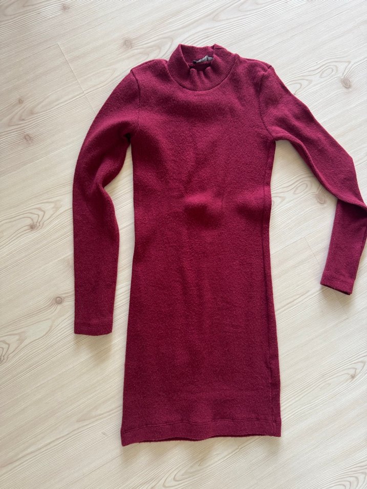 Bordo Yüksek Yaka Kadın Triko Elbise - Görsel 4