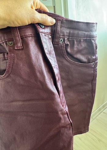 Bordo Deri görünümlü mumlu Mini Etek - Görsel 4