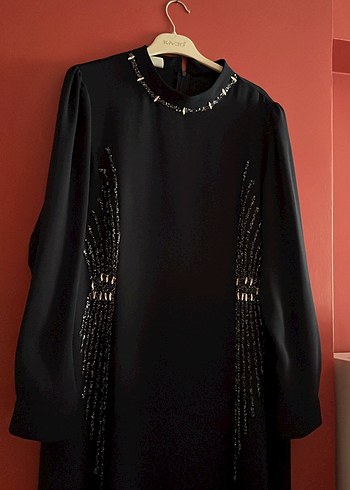 48 Beden siyah Renk Siyah Uzun Kollu İşlemeli Gotik Elbise