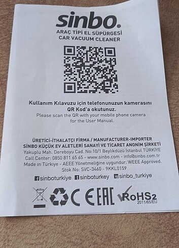 Beden Renk Sinbo araç süpürgesi