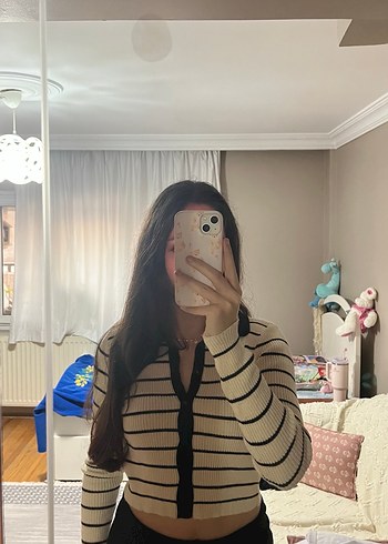 Bej Siyah Çizgili Triko Hırka - Görsel 3