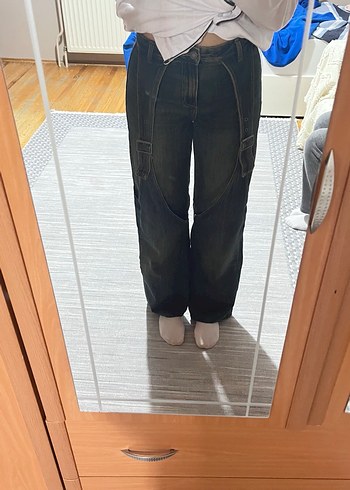 Stradivarius Tokalı Eskitme Wide Leg Jean - Görsel 5