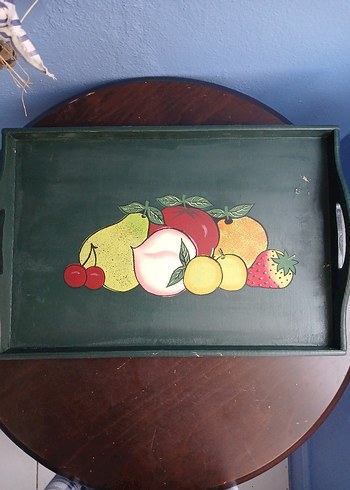  Beden 3 adet Koyu Yeşil Meyve Desenli Ahşap Tepsiler
