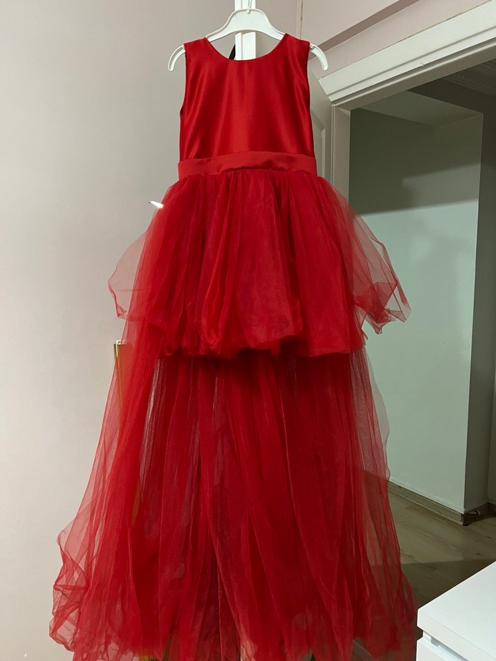 Kırmızı Uzun Drapeli Kadın Abiye Elbise - Görsel 2