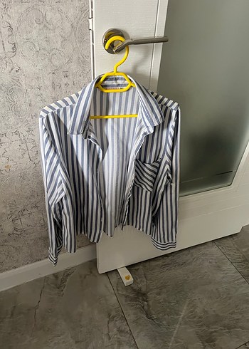 Çizgili Gri Keten Kadın Gömlek - Görsel 6