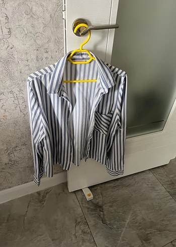 Çizgili Gri Keten Kadın Gömlek - Görsel 5