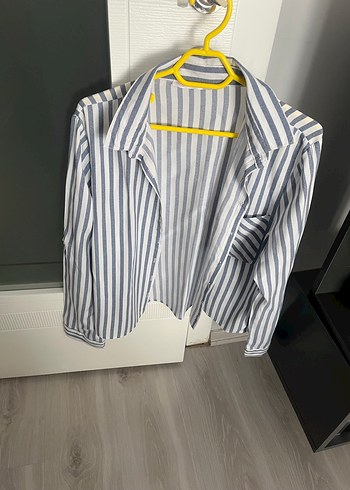 Çizgili Gri Keten Kadın Gömlek - Görsel 4