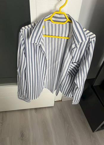 Çizgili Gri Keten Kadın Gömlek - Görsel 3