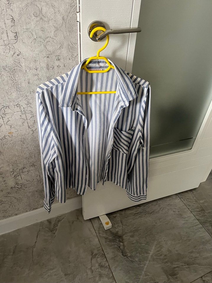 Çizgili Gri Keten Kadın Gömlek - Görsel 5