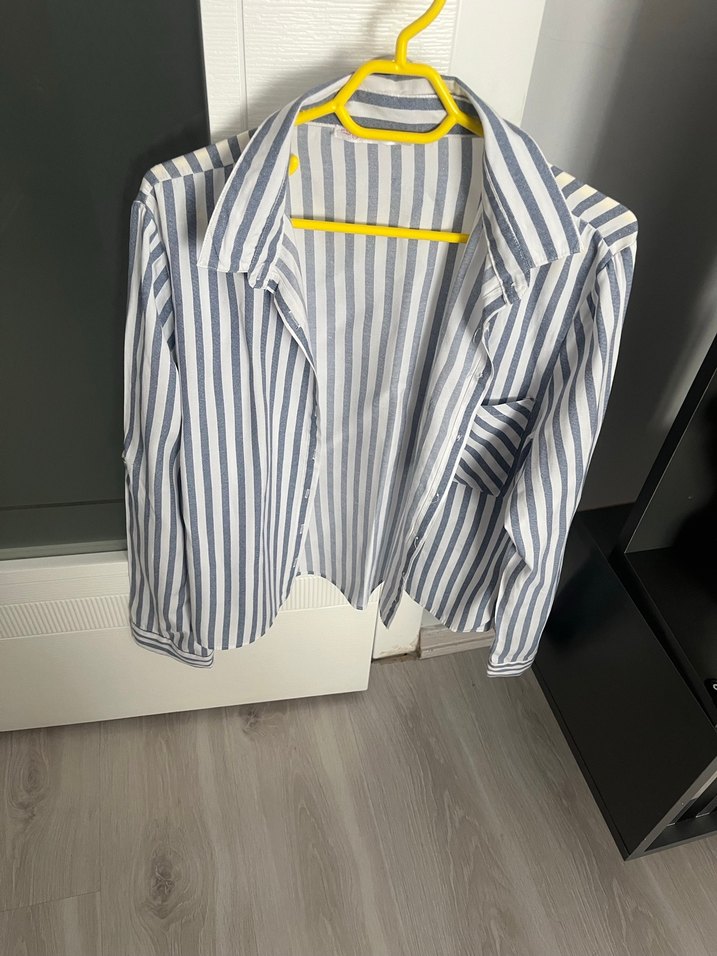 Çizgili Gri Keten Kadın Gömlek - Görsel 2