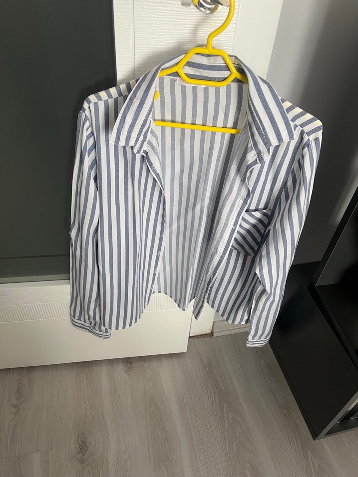 Çizgili Gri Keten Kadın Gömlek - Görsel 4