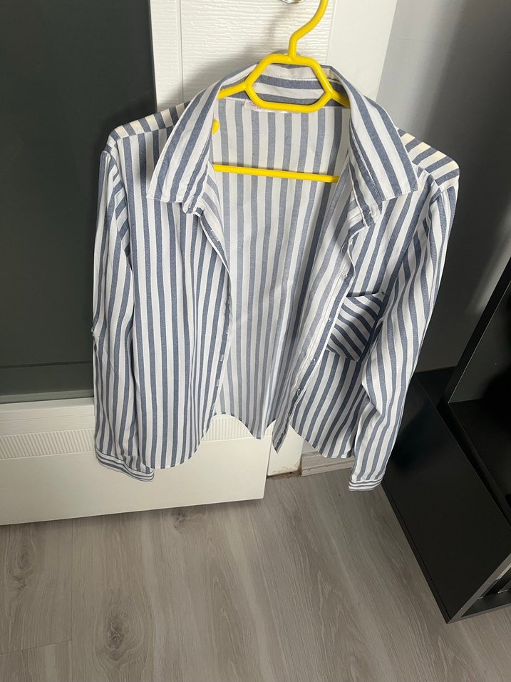 Çizgili Gri Keten Kadın Gömlek - Görsel 3