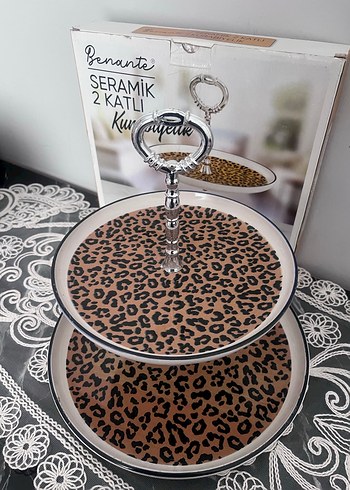 Parlak Kahverengi Leopar Desenli 2 Katlı Seramik Kurabiye Standı - Görsel 2