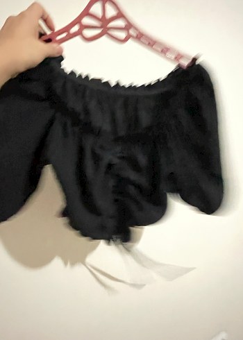 s Beden siyah Renk Siyah Keten Mini Bluz, Fırfırlı, Gevşek Kesim