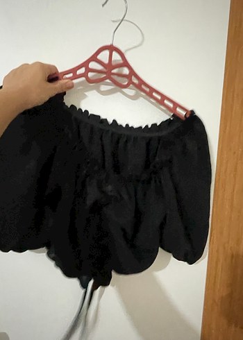Diğer Siyah Keten Mini Bluz, Fırfırlı, Gevşek Kesim
