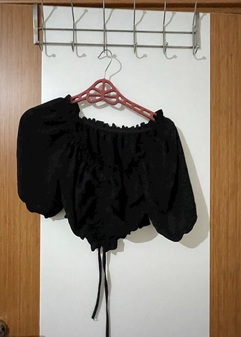 Siyah Keten Mini Bluz, Fırfırlı, Gevşek Kesim