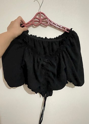 s Beden Siyah Keten Mini Bluz, Fırfırlı, Gevşek Kesim