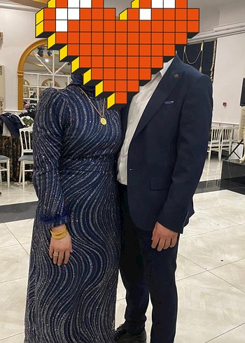 Lacivert Desenli Simli Kalem Uzun Kollu Elbise