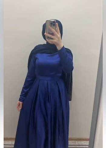Lacivert Saten Uzun Kol Drapeli Elbise