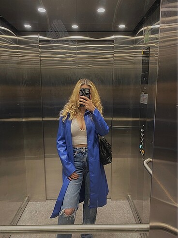 bershka deri mavi trençkot