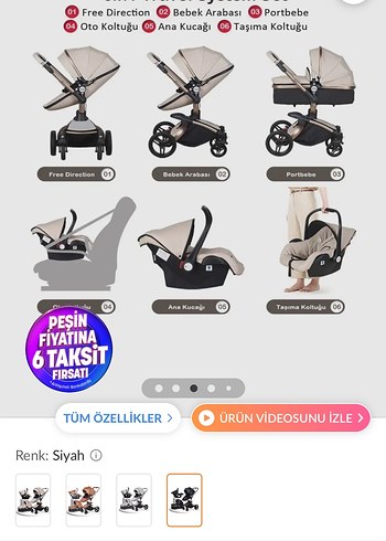 Siyah Çok Fonksiyonlu HUGGY 6 in 1 travel sistem bebek arabası - Görsel 3