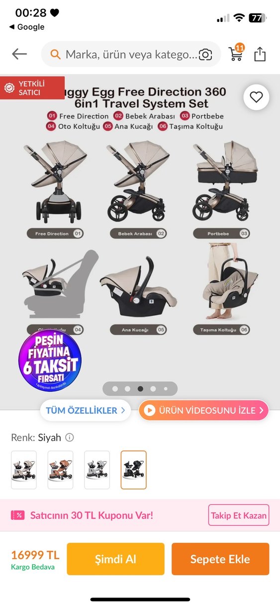 Siyah Çok Fonksiyonlu HUGGY 6 in 1 travel sistem bebek arabası - Görsel 3
