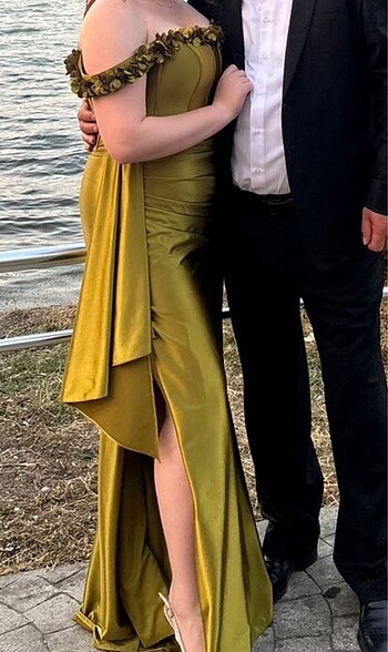 Yağ yeşili büyük beden abiye elbise - Görsel 2