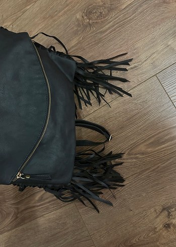 Püsküllü Siyah Deri Bohem Kadın Çanta - Görsel 2