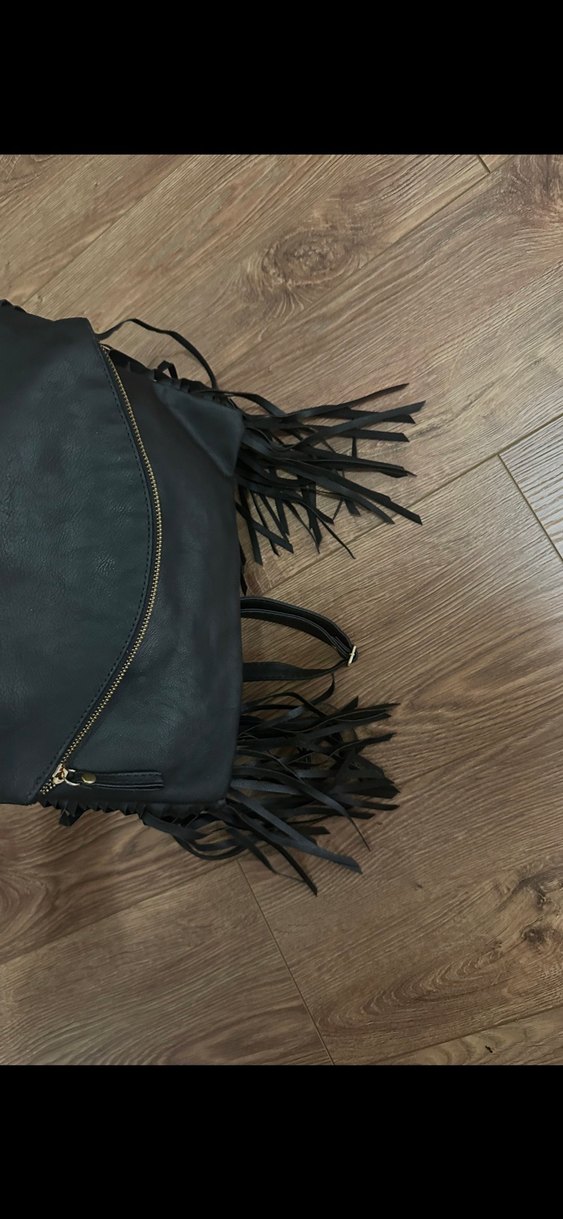 Püsküllü Siyah Deri Bohem Kadın Çanta - Görsel 2