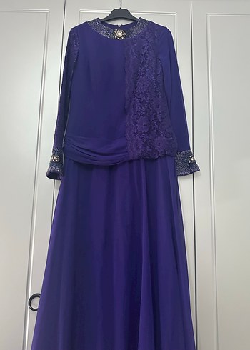 Mor Uzun Kollu Drape Detaylı Uzun Abiye Elbise - Görsel 3