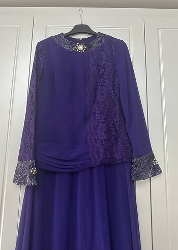 Mor Uzun Kollu Drape Detaylı Uzun Abiye Elbise - Görsel 2