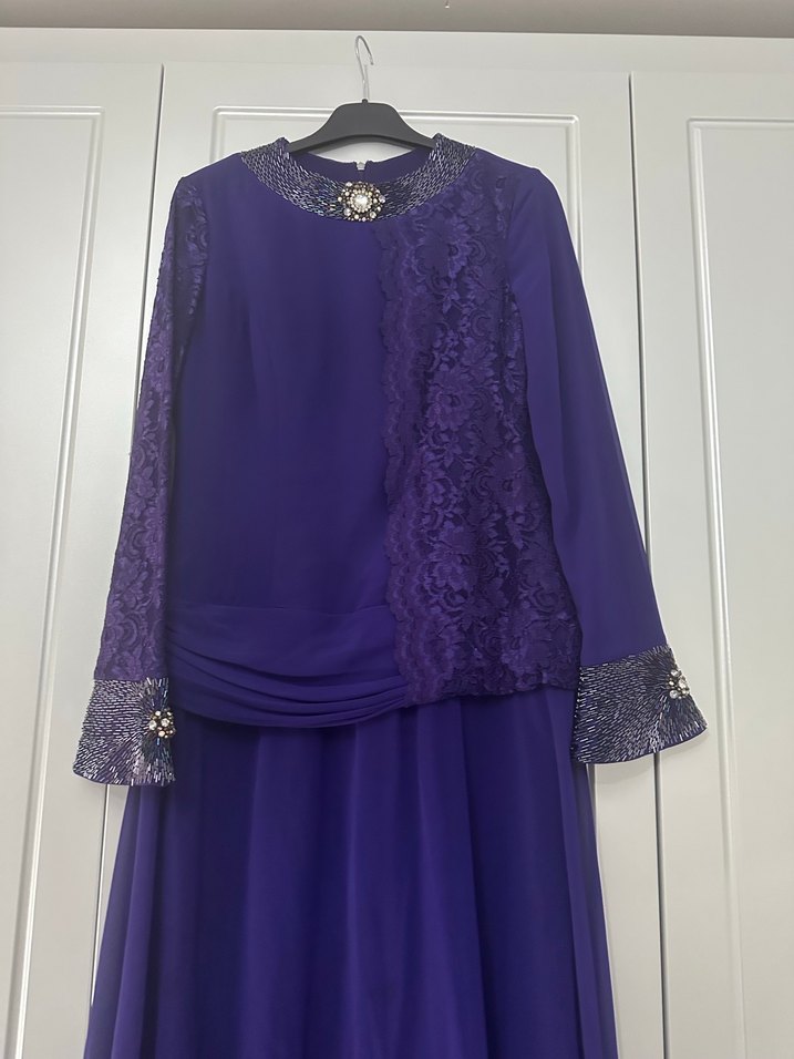 Mor Uzun Kollu Drape Detaylı Uzun Abiye Elbise - Görsel 2