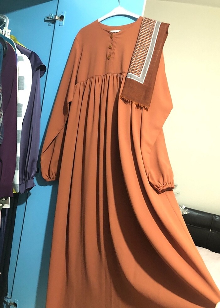 kiremit rengi robalı elbise kahverengi tesettür  - Görsel 4