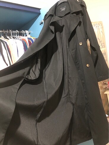 siyah trençkot kaban suitici oversize genişkalıp uzun DeFacto - Görsel 8