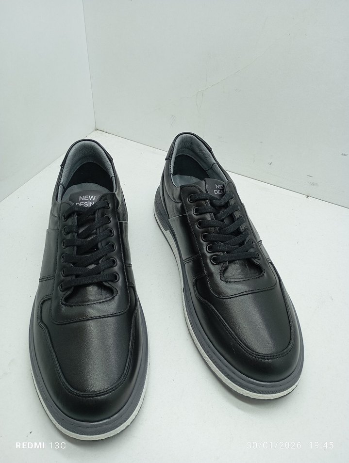 Hakiki Deri Siyah Gri Bağcıklı Erkek Günlük Spor Ayakkabı - Görsel 2