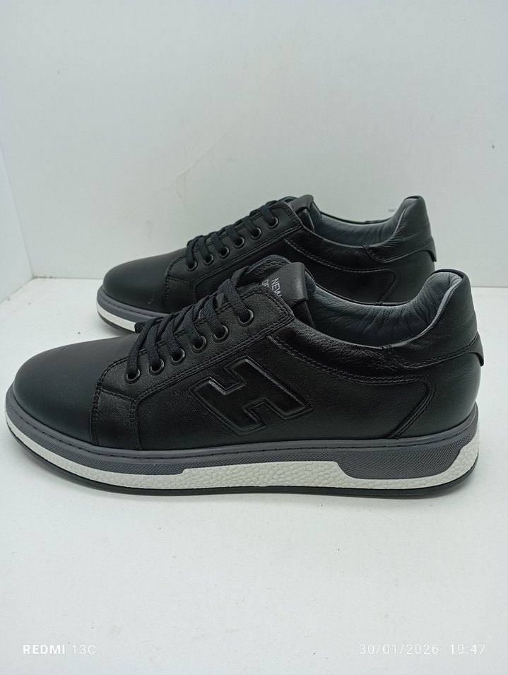 Hakiki Deri Siyah Bağcıklı Erkek Sokak Stili Spor Ayakkabı - Görsel 4