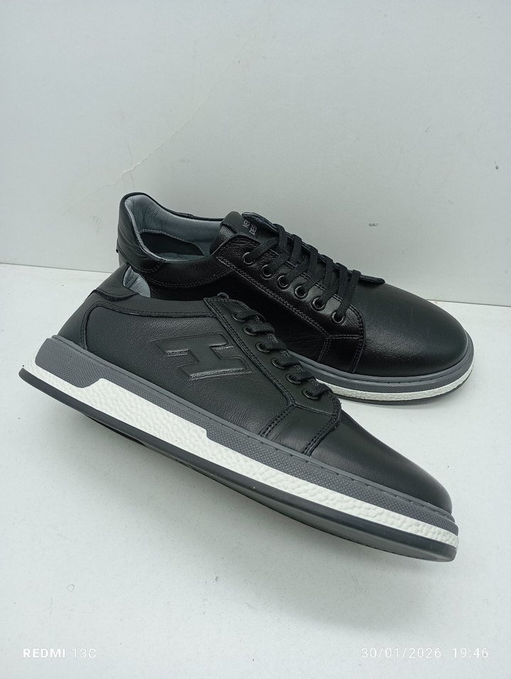 Hakiki Deri Siyah Bağcıklı Erkek Sokak Stili Spor Ayakkabı - Görsel 2