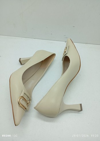 Bej Deri Tokalı Stiletto Topuklu Kadın Ayakkabı - Görsel 3