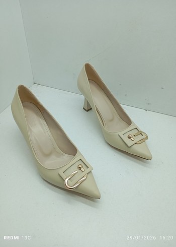 Bej Deri Tokalı Stiletto Topuklu Kadın Ayakkabı - Görsel 6