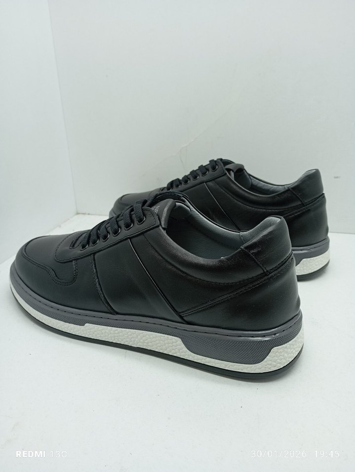 Hakiki Deri Siyah Gri Erkek Sokak Stili Spor Ayakkabı - Görsel 4