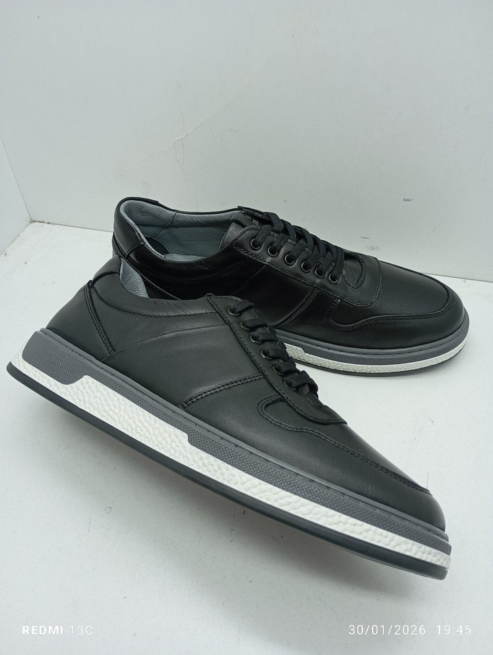 Hakiki Deri Siyah Gri Erkek Sokak Stili Spor Ayakkabı - Görsel 2