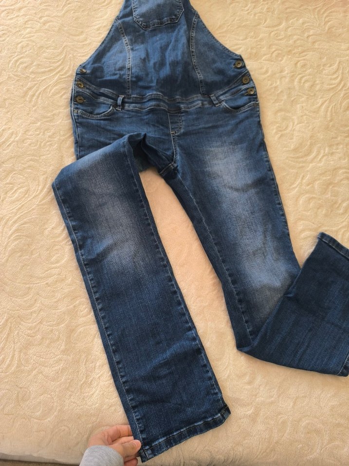 Düğmeli Mavi Denim Kadın Uzun Tulum - Görsel 3