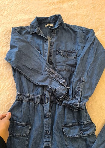 Kadın Mavi Denim Uzun Kollu Tulum - Görsel 2