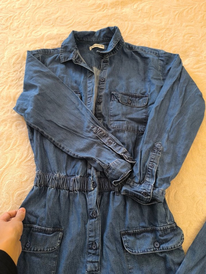 Kadın Mavi Denim Uzun Kollu Tulum - Görsel 2