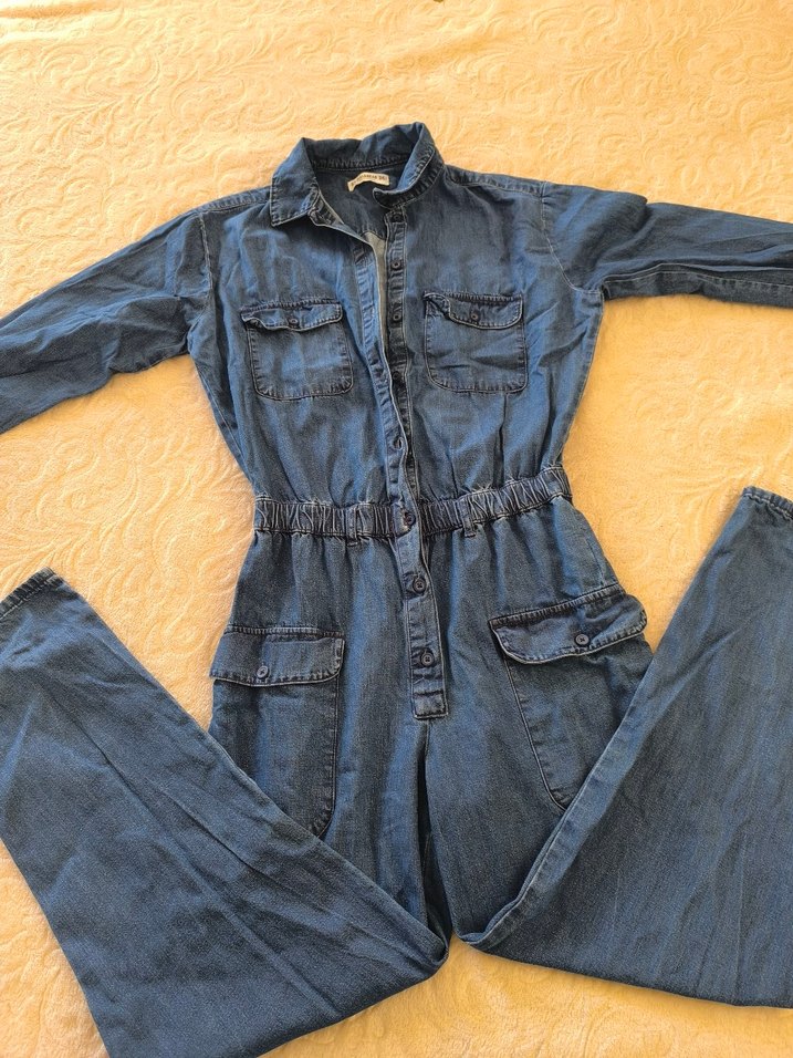 Kadın Mavi Denim Uzun Kollu Tulum - Görsel 4