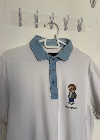 Düğmeli Baskılı Beyaz Pamuklu Polo Tişört - Görsel 3