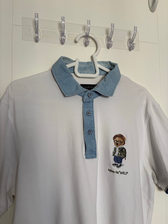 Düğmeli Baskılı Beyaz Pamuklu Polo Tişört - Görsel 3