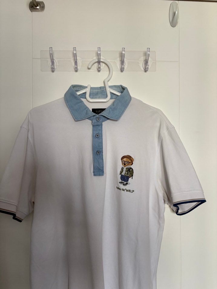 Düğmeli Baskılı Beyaz Pamuklu Polo Tişört - Görsel 2