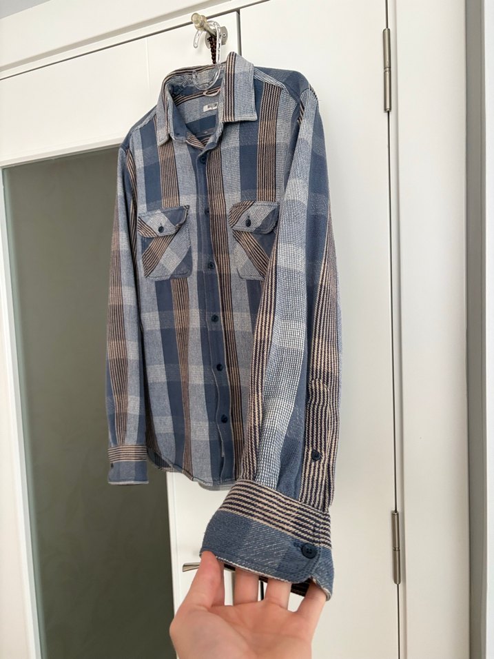 Gri Kareli Uzun Kollu Denim Erkek Gömlek - Görsel 2