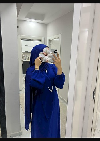 Abiye Uzun Kollu Mavi Drapeli Kadın abiye